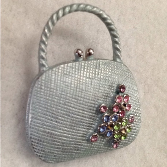 Unique Vintage Brooch Handbag Purse Pin Slate Blue 23 Colorful Jewels Flowers - Picture 5 of 9